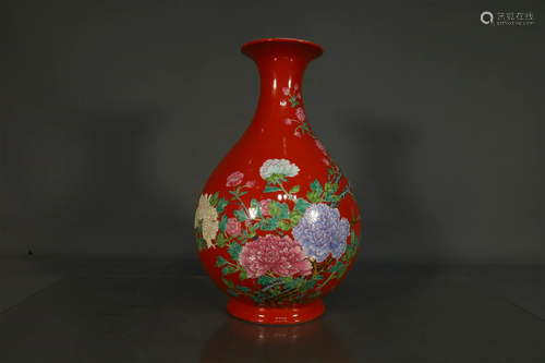 A Lovely Red-ground Famille Rose Flower Plate-mouth Vase