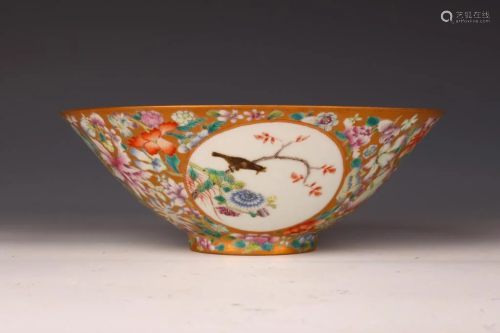 Famille Rose Porcelain Bowl with Gold Ground and Hundreds of...