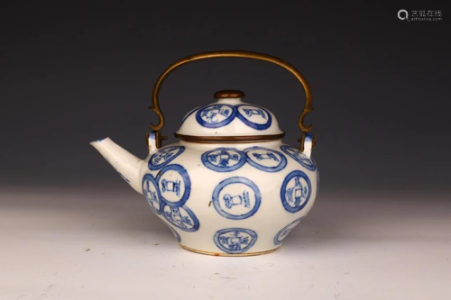 Very Rare Blue and White Bronze-Handled Teapot with Coin Des...