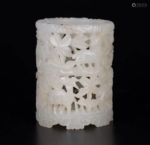 White Jade Carved Brush Pot with Auspicious Animal Patterns,...