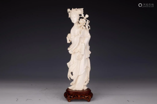 Ivory Carving Statue of a Maid Holding a Twisted Flower (wit...