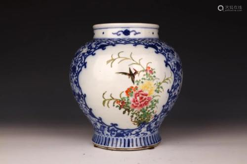 Blue and White Famille Rose Guan-Type Jar with Flower and Bi...