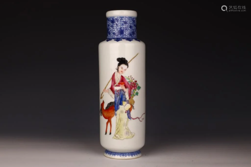 A Blue and White Famille Rose Rouleau Bottle Vase, Republica...