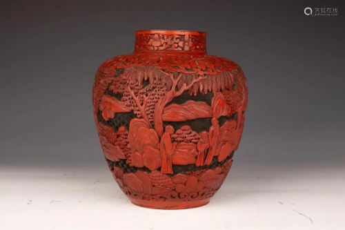 Cinnabar Lacquer Carved Figure and Landscape Jar, Late Qing ...