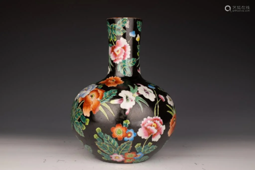 Black-ground Enameled Floral Porcelain Vase, 20th Century