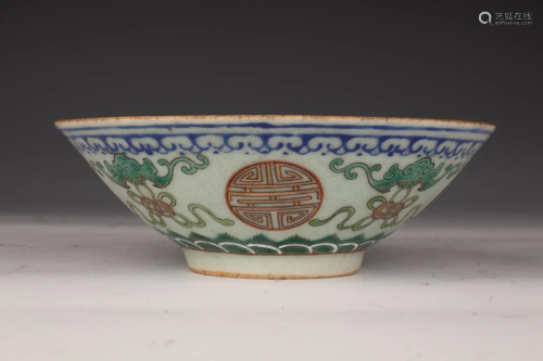 Famille Rose Celadon-ground Glazed Shou-Character Bowl, Qing...