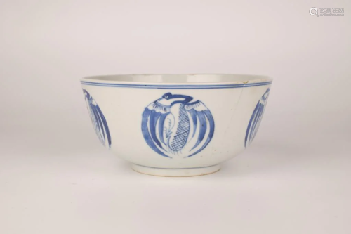 Blue and White Phoenix Roundel Bowl, Late Qing Dynasty