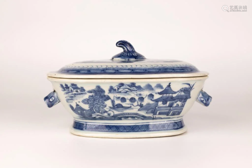 Blue and White Landscape Rectangular Handled Box with Lid