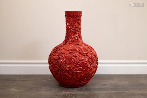 Cinnabar Lacquer Carved Floral Bottle Vase