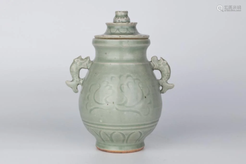 Longquan Celadon Handled Hu-shaped Vase with Lid, Possibly S...