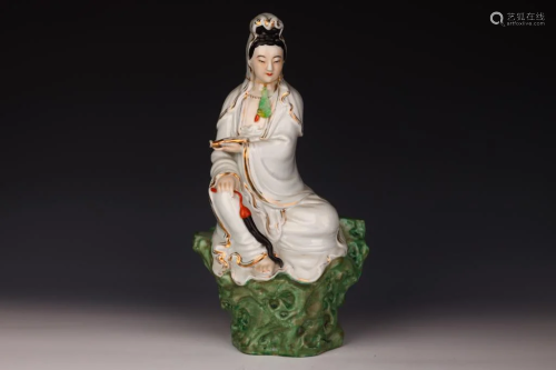 Dehua White Porcelain and Colored Guanyin Sitting Stone Stat...