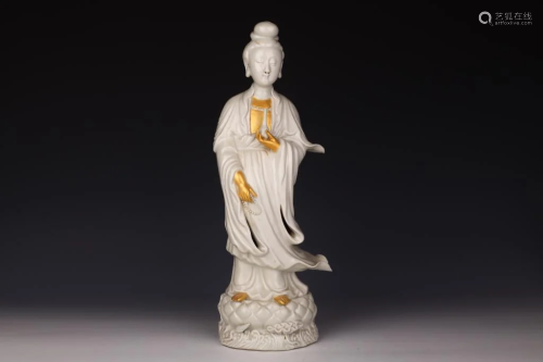 Dehua Painted Gold and White Glazed Guanyin Statue, 20th Cen...