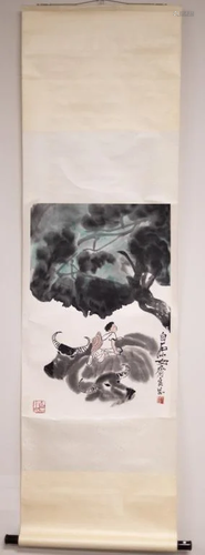 Children Playing with Cows Scroll Painting - Qi Liangzhi