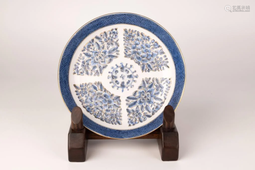 Blue and White Dish with Outline in Gold, A.C.F. Mark
