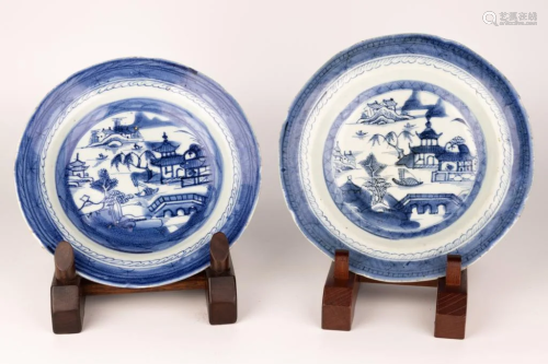 Pair of Export Blue and White Plates with Landscape Design