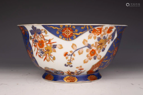 Imari-style Gilt Porcelain Bowl with Bamboo, Stone, and Flow...