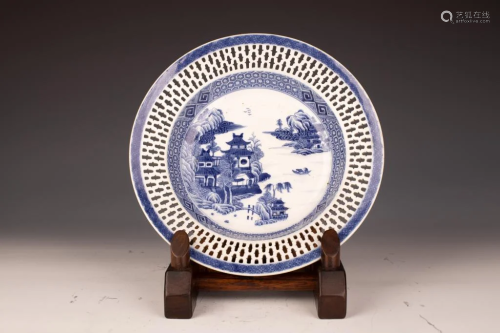 Export Blue and White Openwork Dish with Landscape Design, Q...