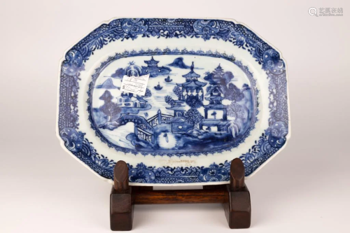Export Blue and White Landscape and Figural Pattern Fruit Pl...