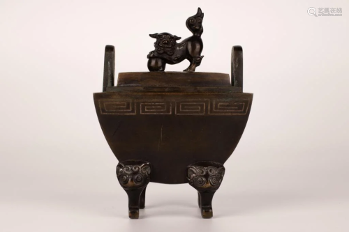 Bronze Ding-Form Censor with Pixiu Statuette, Qing Dynasty