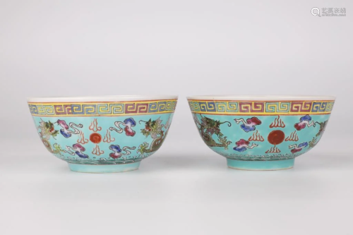 A Pair of Turquoise-ground Famille Rose Dragon Bowls, Republ...