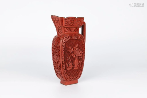 Carved Cinnabar Lacquer Hu-shaped Handled Vase, 20th Century