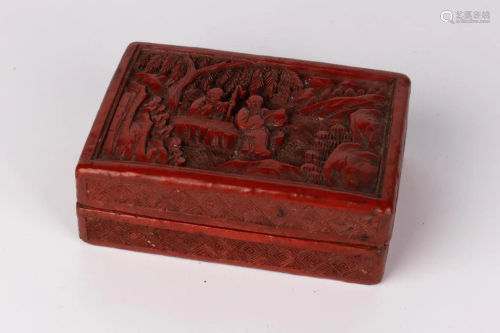 Red Lacquer Box Painted with Landscape and Figures, Qing Dyn...