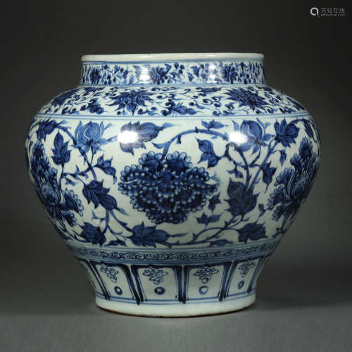 Yuan Dynasty,Blue and White Flower Pattern Jar