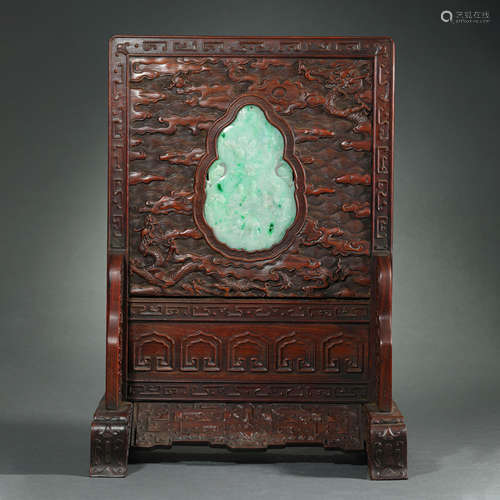 Qing Dynasty,Sandalwood Inlaid Jadeite Screen