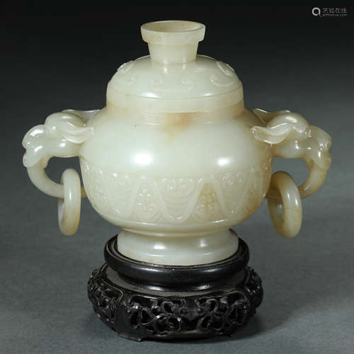 Qing Dynasty,Hetian Jade Beast Ear Jar