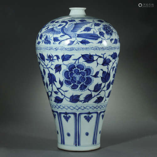 Yuan Dynasty,Blue and White Phoenix Pattern Prunus Vase