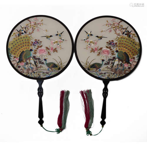 Qing Dynasty,Palace Peacock Showing Its Tail A Pair of Fan w...