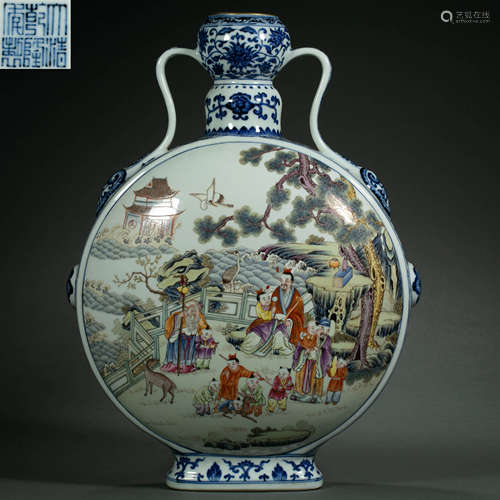 Qing Dynasty,Doucai Character Flat Bottle