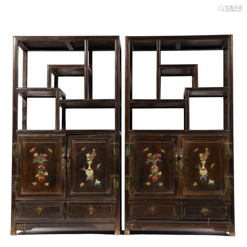 Qing Dynasty,Red Sandalwood Hundred Treasures Case(a pair)