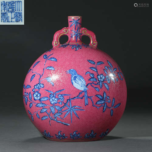 Qing Dynasty,Roug-Red Blue and White Flower Bird Flat Bottle