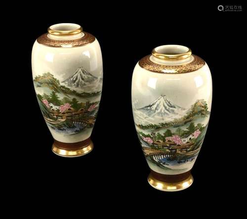 Antique Japanese Satsuma Mt Fuji Signed Vases