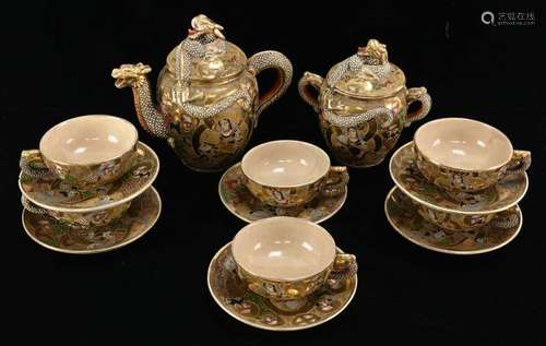 Antique Japanese Satsuma Artist Signed Dragon Tea Set