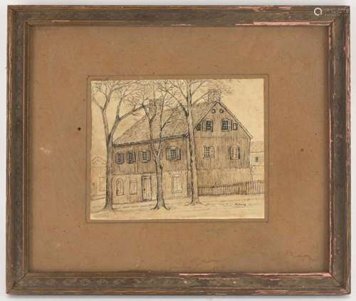 N. Jones Artist Colonial House Pen and Ink Drawing