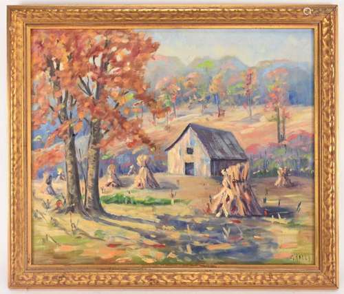 C. Kelly Artist Fall Barn Mountain Scene Painting