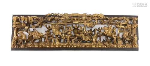 Antique Chinese Carved Gilt Wood Panel Battle Scene