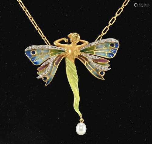 Masriera 18K Gold Enamel Nymph Pendant Necklace