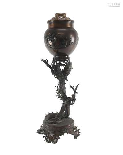 Antique Japanese Meiji Bronze Large Figural Dragon Lamp Urn