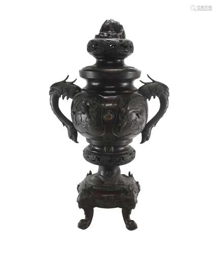 Monumental Chinese Bronze Censer Covered Urn