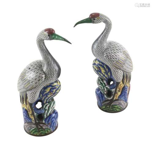 Antique Chinese Cloisonne Pair Figural Cranes