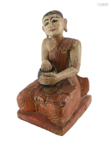 Antique Tibetan Carved Wood Polychrome Seated Man