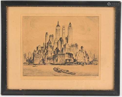 Nat Lowell Manhattan Towers Drypoint Signed Etching