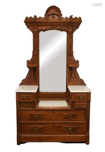 Walnut Victorian Marble Top Drop Center Dresser