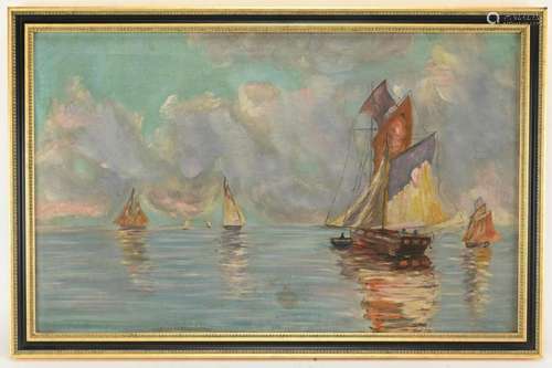 Vintage Italian Fishing Boats Oil Painting