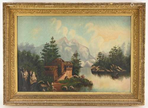 Victorian Mountain Lake Scene Oil Painting