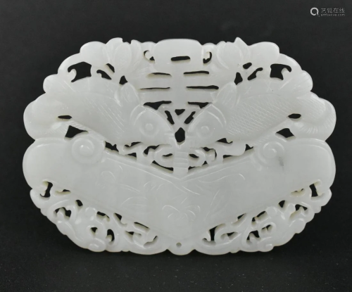 Chinese White Jade Caved Pendant /Twin Fish,Qing D