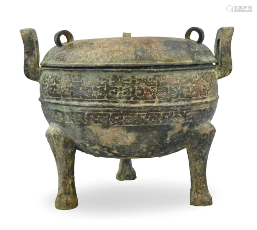 Chinese Bronze Ding Vessel & Cover, Warring State